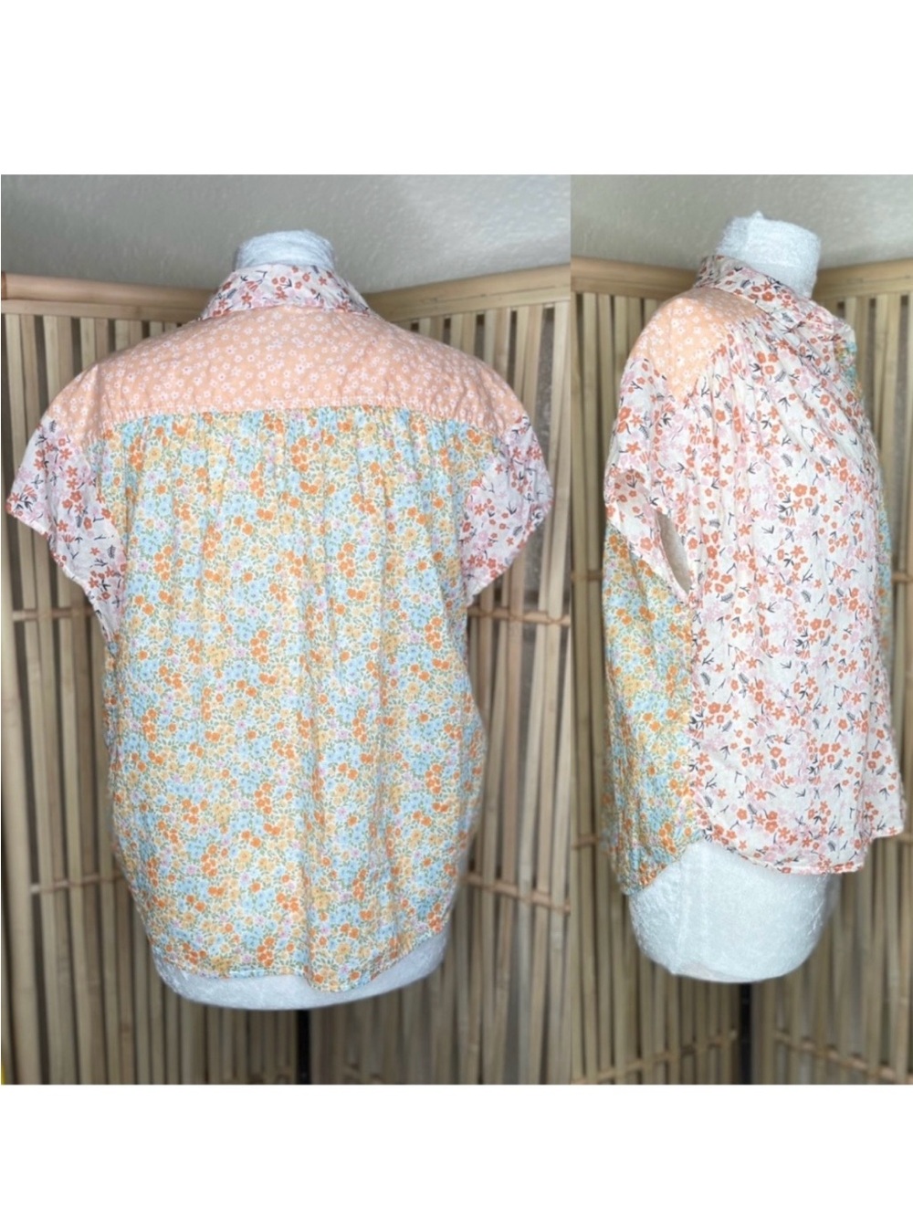 American Eagle Peach & Cream Floral Patchwork Short Sleeve Top
